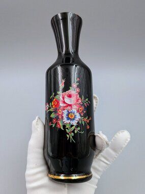 Vintage UCGC Black Glass Bud Vase with Floral Motif & Gold Trim